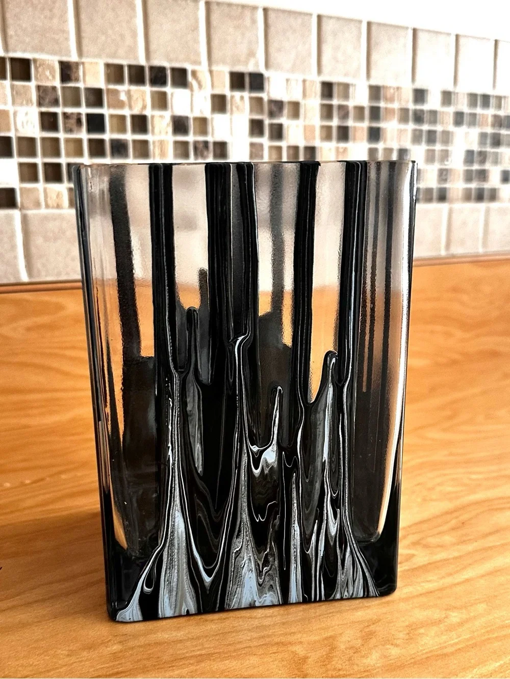 Handmade abstract acrylic painted Black, blue and Silver Swirl Glass Vase